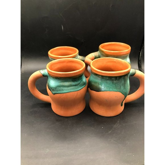 4 Red Clay Terracotta Green Drip Glaze Coffee Tea Mug Cup USA 90s - Picture 8 of 10